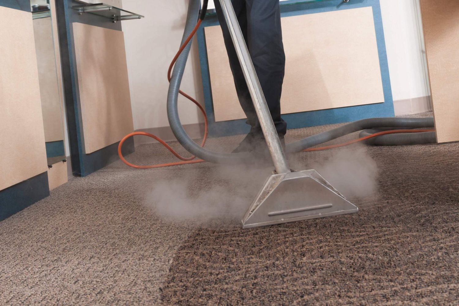 A person operates a steam cleaner on a carpet, showcasing a Miami, FL carpet cleaning and prevention service.