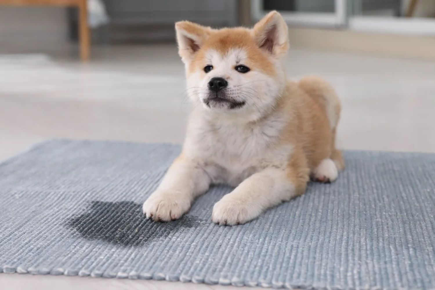 A dog on a rug with a black spot, symbolizing a pet mess removal service located in Miami, FL.