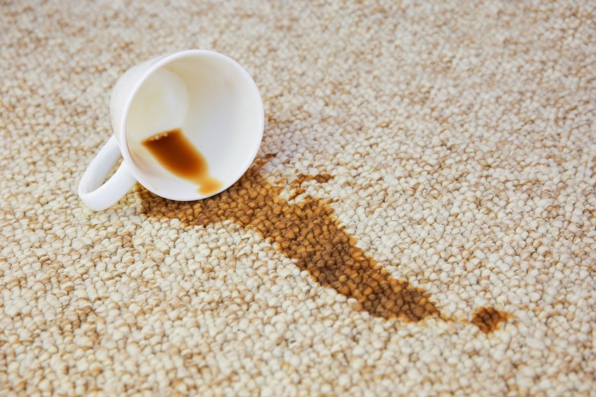A coffee cup sits on a carpet, with a noticeable stain nearby, highlighting the need for carpet cleaning. 